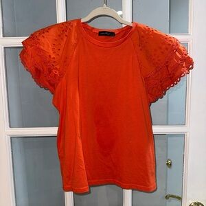 On twelfth Ruffle T Shirt Top Blouse Stretchy Sz M Eyelet Puff Sleeves Orange